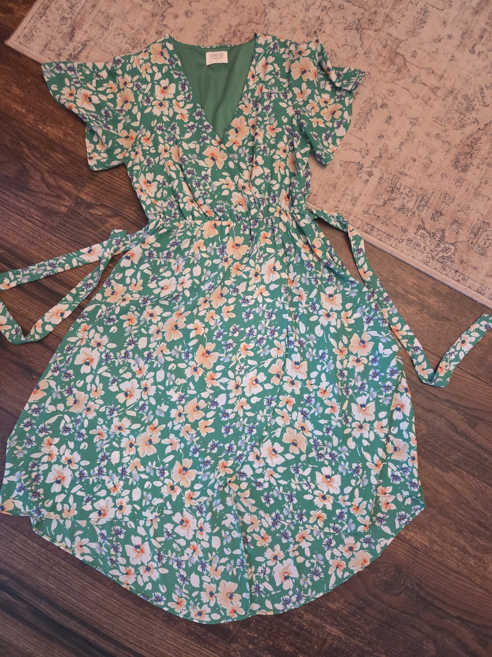 Sienna Sky Green Floral Wrap Dress with Tie